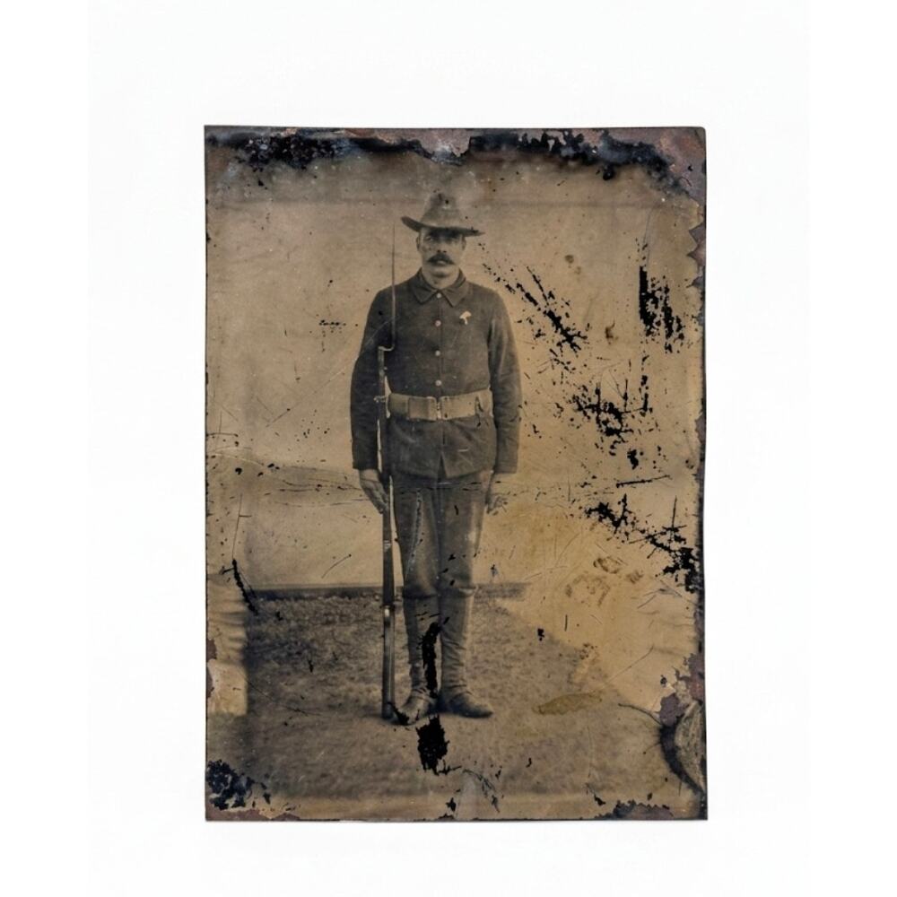 Antique Tintype Spanish War Solider Holding  Krag-Jørgensen 1890